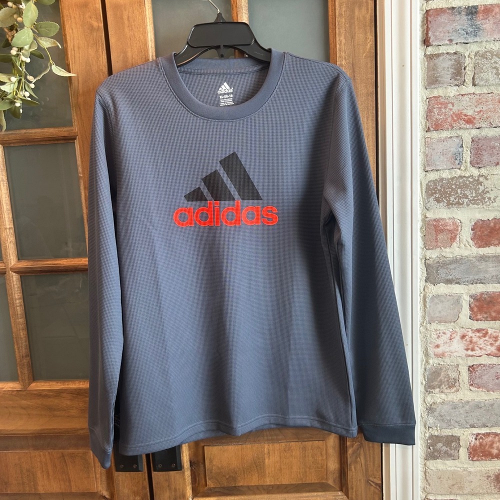 Adidas Boys XL 18 Long Sleeve Waffle‎ Knit Thermal Shirt Gray Orange Logo 056153